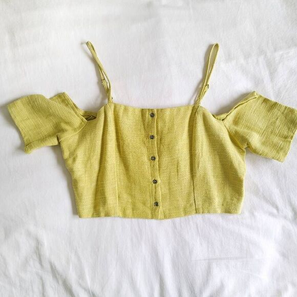 ASTR Cropped Top Womens Large Yellow Short Sleeve Off Shoulder Spaghetti Modern - Picture 1 of 6